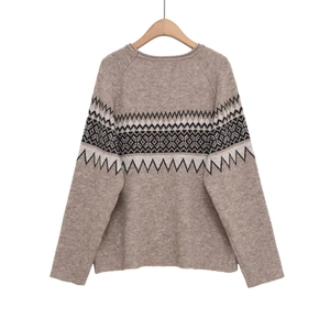 Women's crewneck knit sweater with classic khaki geometric jacquard pattern on back