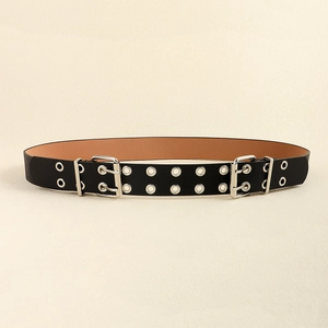 Western style black leather belt with double grommet holes and dual buckle hardware