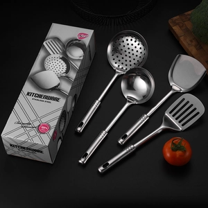7-piece stainless steel kitchen utensil set with spatula and soup ladle on black background