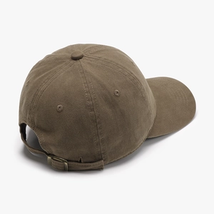 Rear view of vintage brown cotton baseball cap with adjustable metal buckle and soft top