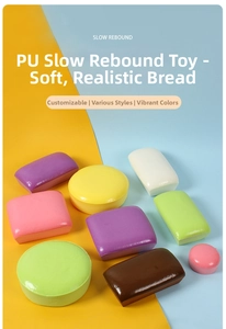Detailed view of colorful slow rebound PU foam bread toys in various shapes and shades