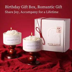 Romantic aromatherapy candle gift set with flower candles on wooden stands in a red box