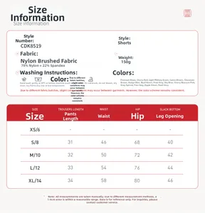 Guide des tailles pour shorts de yoga brossés avec mesures et détails de composition