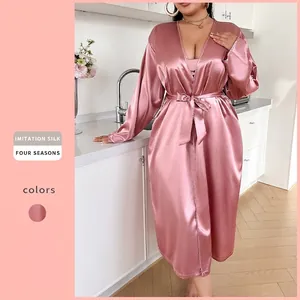 Women Plus Size Satin Robe Long Sleeve V-Neck Belted Satiny Sleepwear Homewear Elegant Long Nightgown Bathrobe