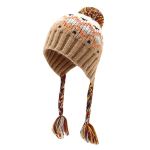 Winter knit baby earflap hat with colorful pompom and ethnic geometric pattern