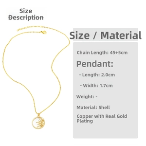 Detail showing dimensions of gold-plated sun and moon necklace with shell inlay pendant