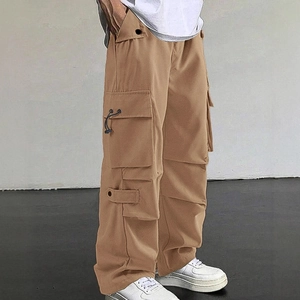 Men's retro khaki parachute cargo pants with side pockets and straight-leg fit