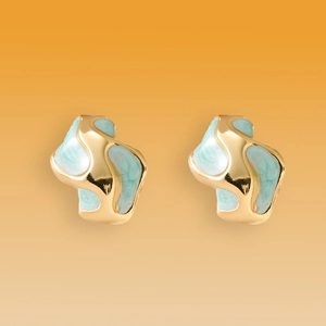 Minimalist irregular oval earrings in gold stainless steel with blue marble texture