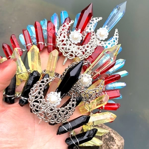Handmade crown headband featuring natural raw crystals and hollow moon metal frame