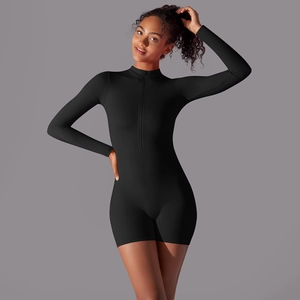 Detail of black long sleeve athletic bodysuit with functional front zipper design