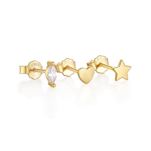 Detail of s925 silver earring set with gold plated heart star and marquise zircon studs
