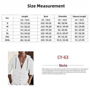 Detailed size guide for men's hooded linen shirt with CM and INCH measurements