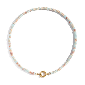 Detail view of vintage natural stone beaded necklace with light blue and gold ring clasp