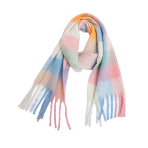 Soft rainbow checkered scarf with thick tassels and bouclé yarn texture