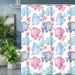 Detailed view of marine pattern shower curtain with tropical fish and starfish designs