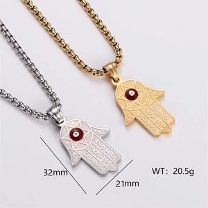 Hamsa Hand Pendant Necklace 316L Stainless Steel Evil Eye Protective Amulet Religious Jewelry For Men Women Gold Plated