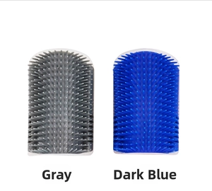 Detailed view of the cat corner self groomer brush in grey and dark blue colors
