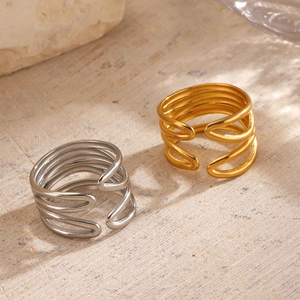 Multi Layer Wavy Line Open Ring Gold Plated Stainless Steel Minimalist Geometric Adjustable Jewelry For Women