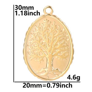 Detail view of golden oval tree pendant showing 30mm height and 20mm width dimensions
