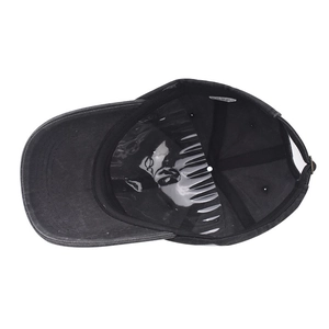 Detail of the washed cotton baseball cap interior with sweatband and stitching
