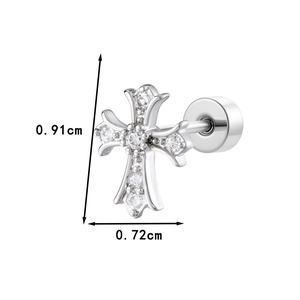 Classic silver cross screw back stud earring with clear micro-pave cubic zirconia stones