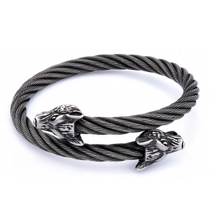 Nordic viking wolf head braided cable open bangle in vintage silver stainless steel