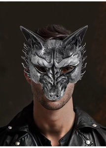 Detailed view of silver wolf mask with realistic fur texture and metallic finish for cosplay