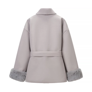 Rear view of grey wool coat featuring elegant faux fur cuffs on long sleeves
