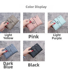 Short faux leather bifold wallets in five pastel colors with snap closure for women