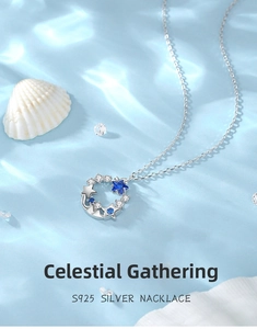 Detail showing S925 sterling silver necklace with blue and white zircon star moon pendant