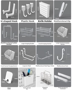 Macro view of 16-piece set of white plastic and metal pegboard accessory kits with dimensions