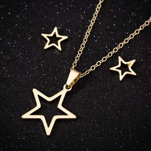 Golden hollow pentagram star jewelry set with necklace and stud earrings on black background