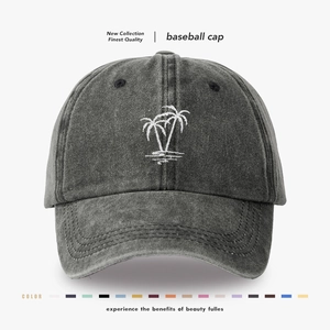 Washed Cotton Baseball Cap Coconut Palm Tree Embroidery Vintage Retro Curved Brim Casual Outdoor Sun Hat For Men Women