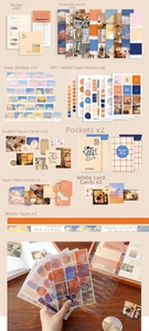 Flat lay of sunset-themed stationery set including stickers, cards, and washi tapes