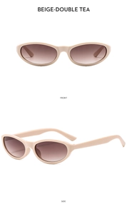 Front and side views of beige oval cat-eye sunglasses with tea gradient lenses