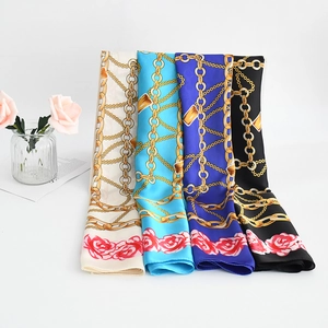 Elegant 70x70 silk square scarf set with horse chain and pink rose prints for women