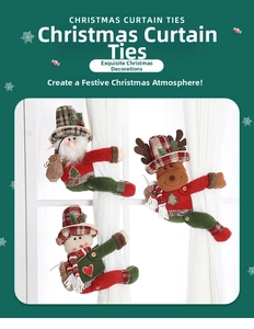 Detailed view of plush Santa, Snowman, and Reindeer Christmas curtain tiebacks on fabric