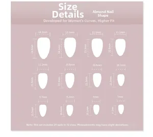 Tableau des tailles pour 24 faux ongles en amande avec 12 dimensions de largeur et longueur