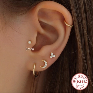 Minimalist S925 sterling silver 3mm round cubic zirconia cartilage stud earring for women