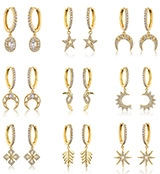 Detailed set of nine gold-plated earrings with cubic zirconia in various geometric shapes