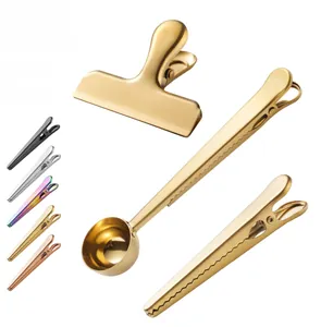 Detailed set of colorful stainless steel food sealing clips and coffee measuring spoons