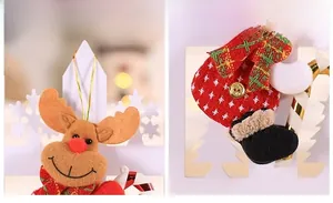 Detail of plush reindeer Christmas ornament with festive felt texture and candy cane accent