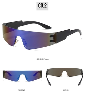 Frameless blue wrap-around sports sunglasses showing multi-angle front and back views