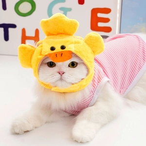Pink striped pet t-shirt with a yellow duck plush hat set for cats and small dogs