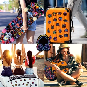 Lifestyle shots of colorful neon vinyl stickers on a skateboard, suitcase, car and guitar