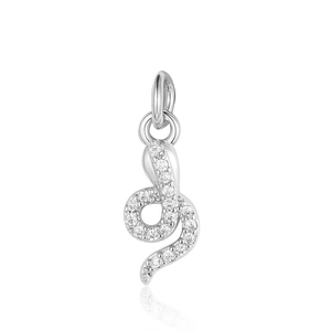 Macro view of a silver snake pendant with sparkling zircon stones and top bail connector