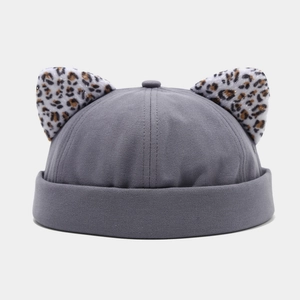 Retro grey docker cap with leopard print cat ears and high-quality canvas texture