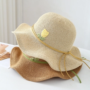 Foldable women straw sun hat with tulip embroidery and decorative cord for summer beach
