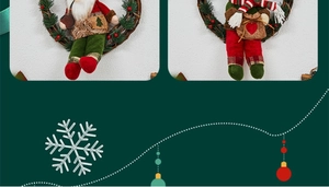 Close-up of Christmas gnome wreaths made of plush fabric and woven dry branches