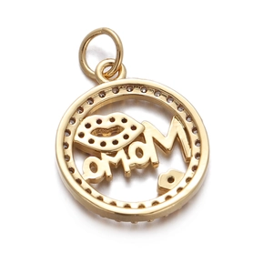 Detail of gold-plated MAMA pendant featuring sparkling crystals and lip design